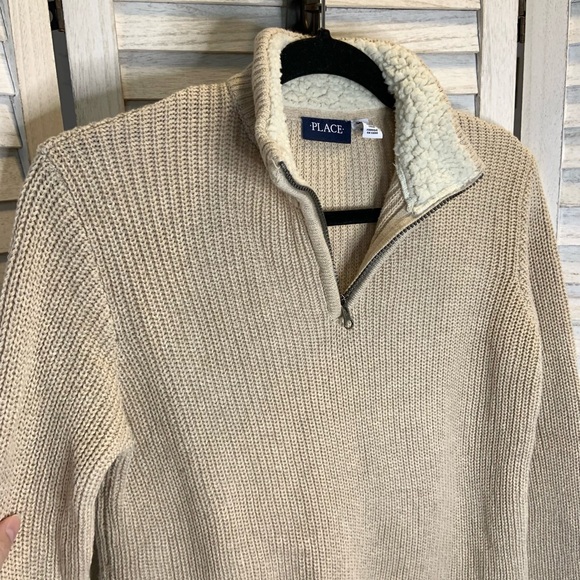 Children’s Place Boys Tan Solid Knit Quarter Zip Sherpa Long Sleeve Sweater - Picture 5 of 12